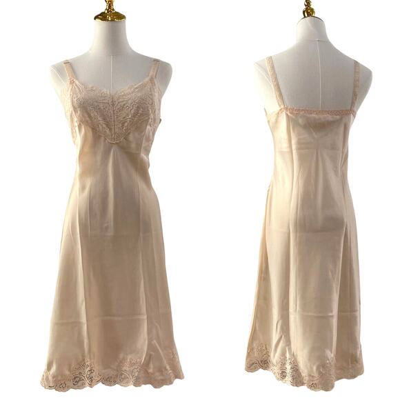 NWT Vintage 90s Wondermaid Non-Cling Beige Satin Lacy Full Slip Dress Size 34 - Picture 1 of 12